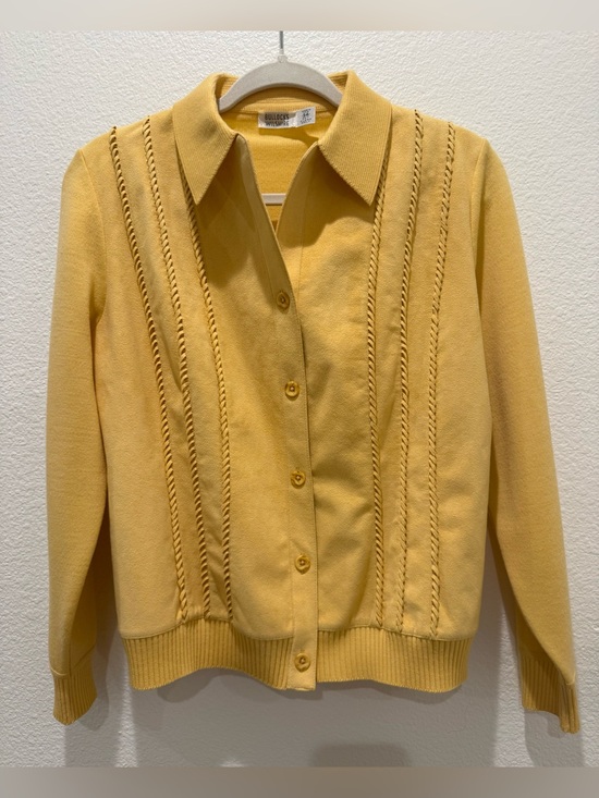 Bullocks Wilshire Sweaters - Vintage 80s Bullocks Wilshire cardigan 100% wool yellow knit collar size 34 S-M